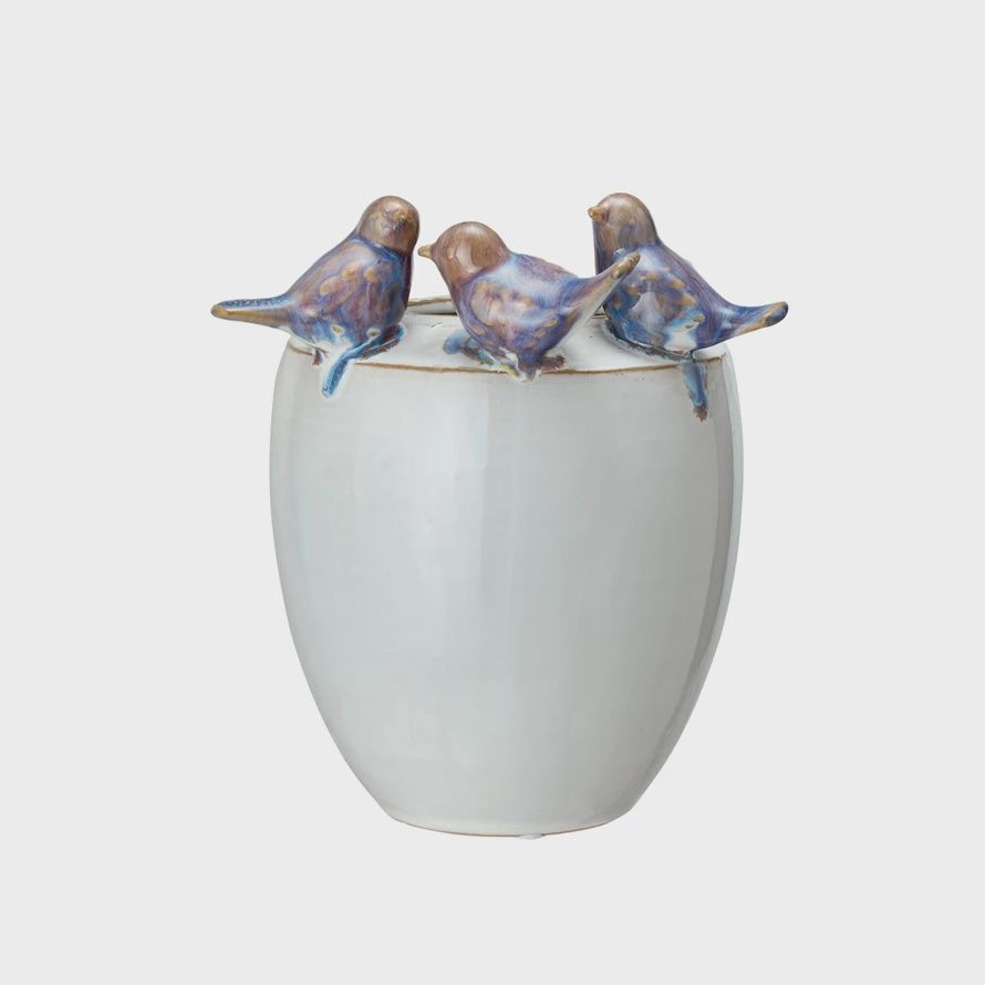 Stoneware Planter w/3 Birds Purple White 6&quot;
