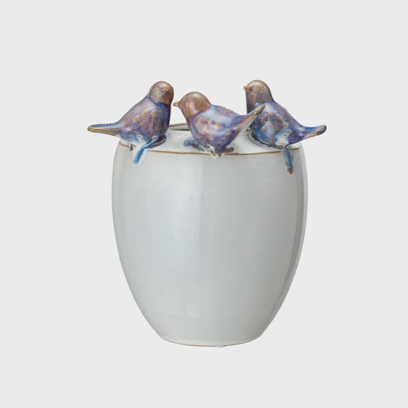 Stoneware Planter w/3 Birds Purple White 6&quot;