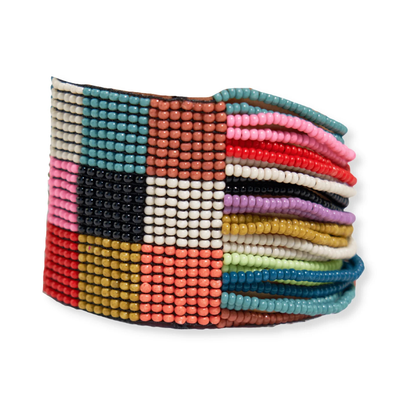 Olive Checkered Beaded Stretch Bracelet Rainbow