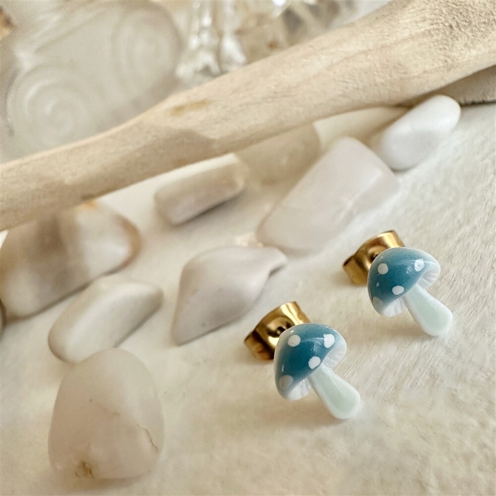 &quot;Agaric&quot; Porcelain Mushroom Studs in Blue