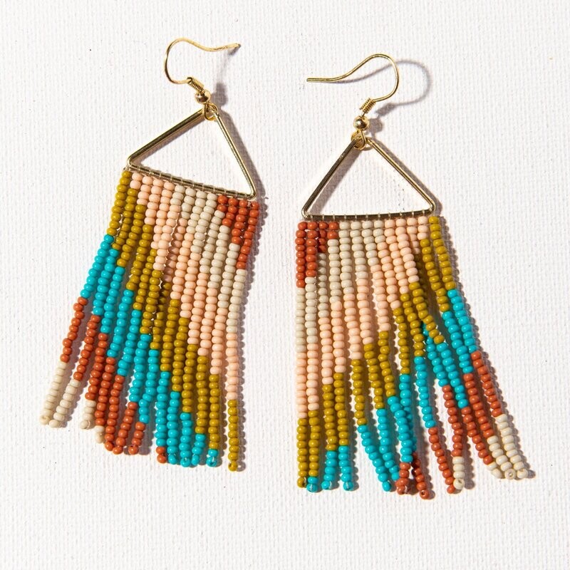 Whitney Diagonal Stripe Beaded Fringe Earrings Rust Turquoise Pink