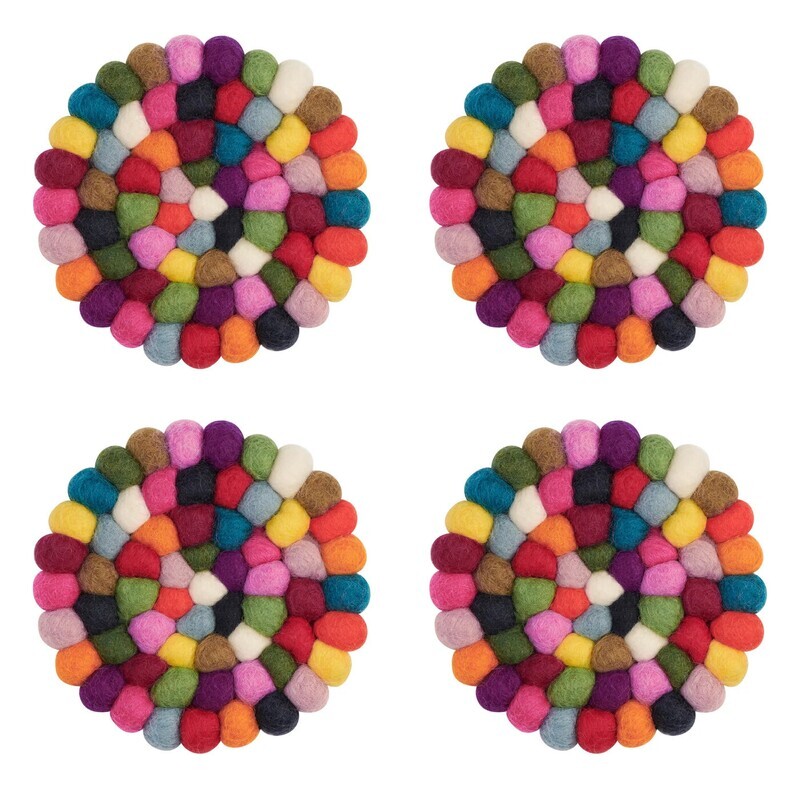 Felt Ball Four Piece Round 4" Diameter Coaster Set Multicolour