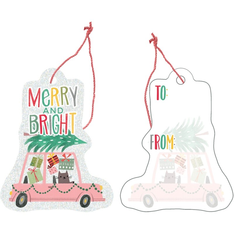 Gift Tags With Tie String 4pcs Christmas Cat in Cars
