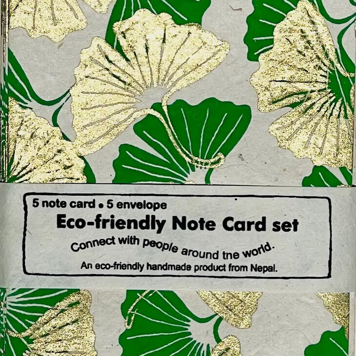 A2 Stationery Set Ginkgo Green &amp; Gold On Cream Set of 5