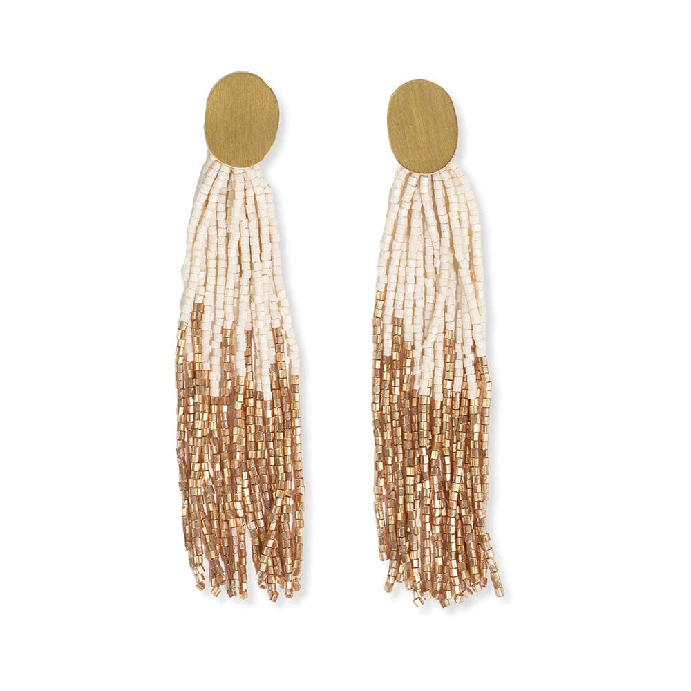 Mae Oval Brass Post 2-Colour Beaded Tassel Earrings Ivory
