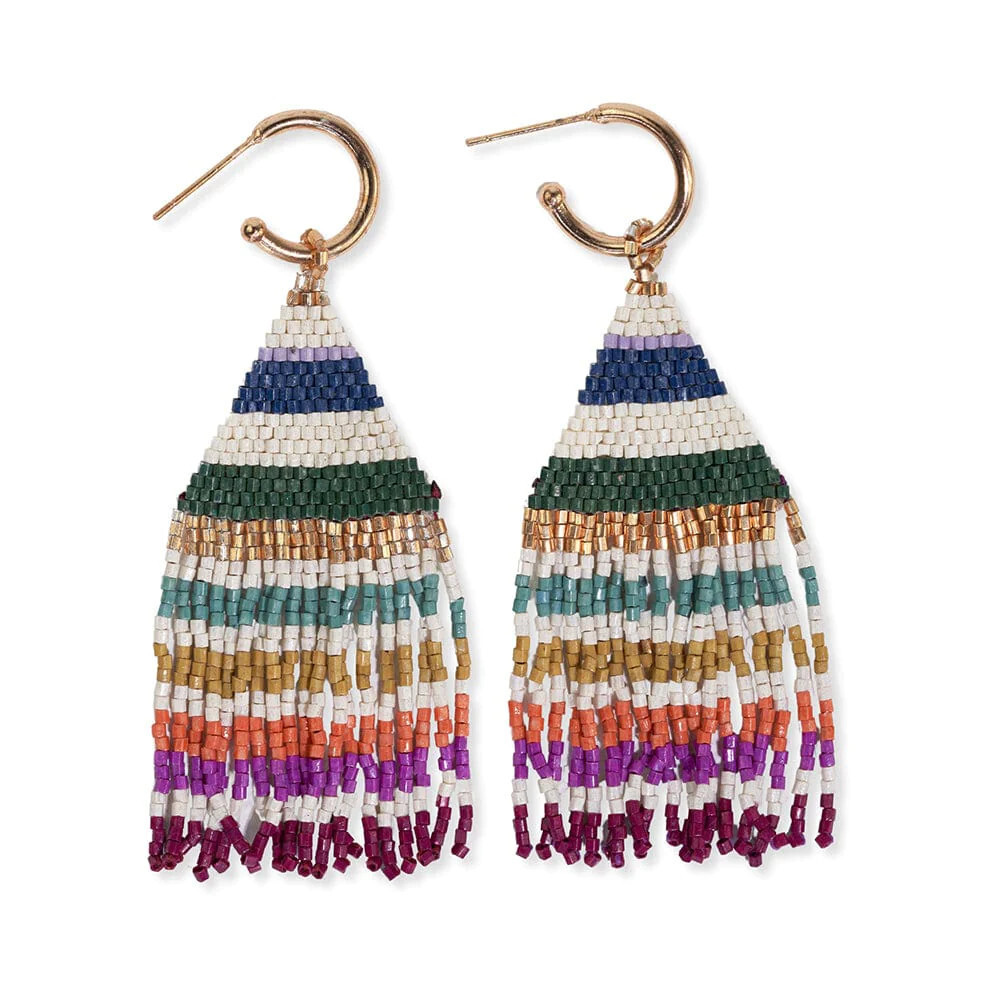 James Mini Gold Hoop Horizontal Stripes Beaded Fringe Earrings Muted