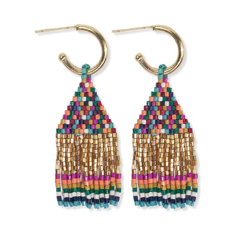 Leta Mini Gold Hoop Confetti Top And Stripe Short Fringe Earrings Muted