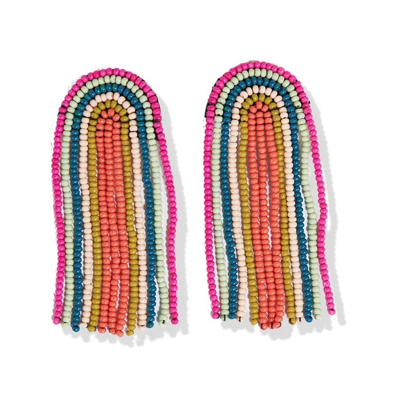 Skylar Rainbow Stripe Beaded Fringe Earrings Rainbow