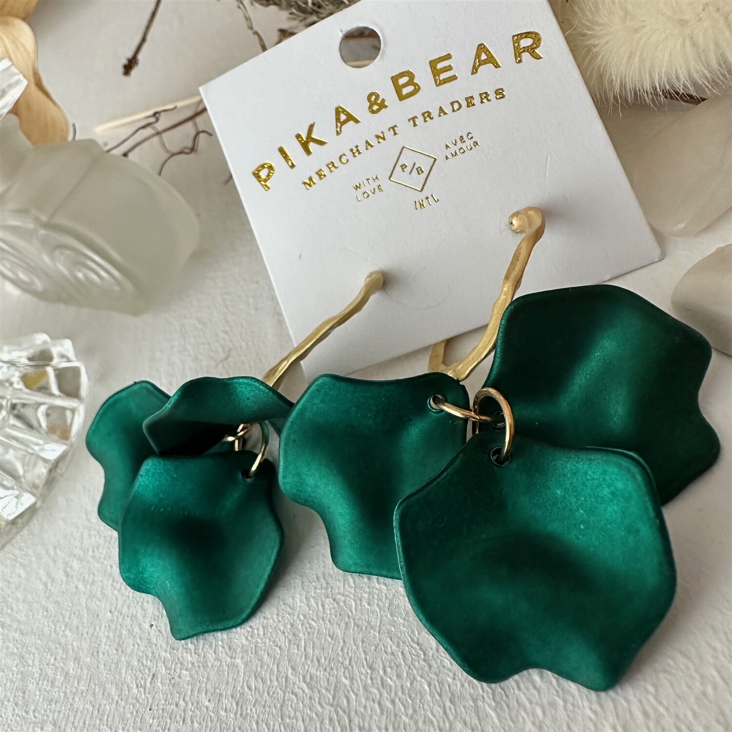 &quot;Aurelia&quot; Emerald Green Rose Petal Drop Earrings in Gold
