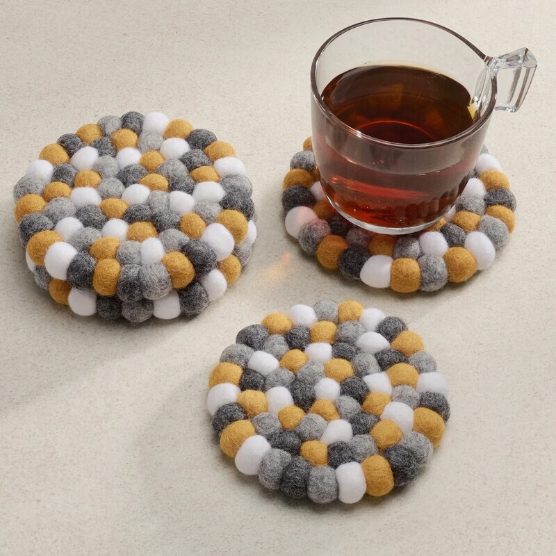 Felt Ball Four Piece Round 4&quot; Diameter Coaster Set Yellow/Grey/White