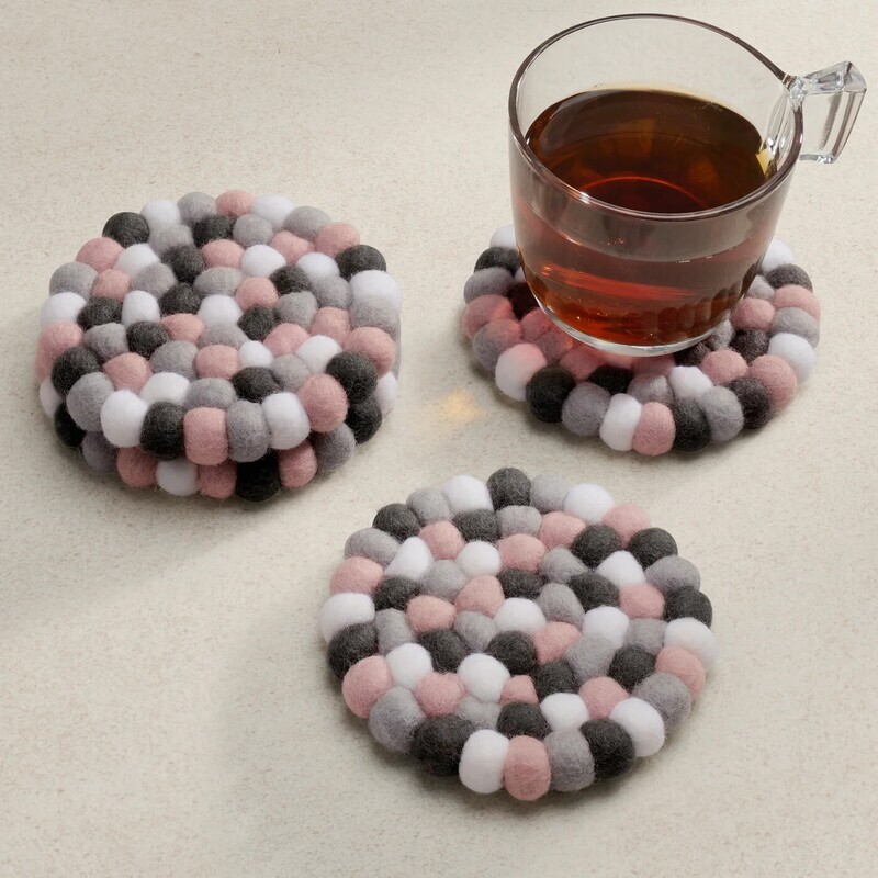 Felt Ball Four Piece Round 4&quot; Diameter Coaster Set Pink/Grey/White