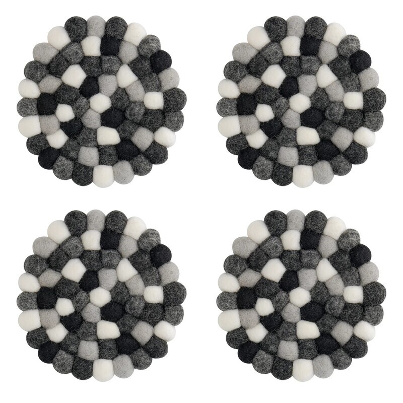 Felt Ball Four Piece Round 4" Diameter Coaster Set Black/White/Grey