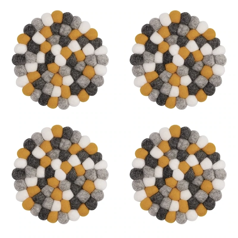 Felt Ball Four Piece Round 4" Diameter Coaster Set Yellow/Grey/White