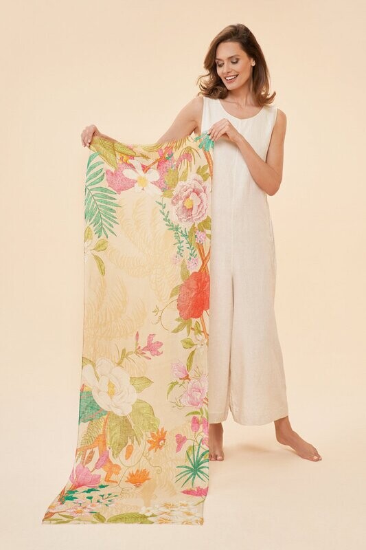 Linen Scarf Tropical Flora and Fauna Coconut
