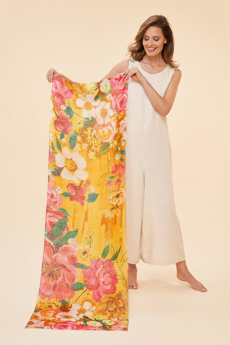Linen Scarf Impressionist Floral Mustard
