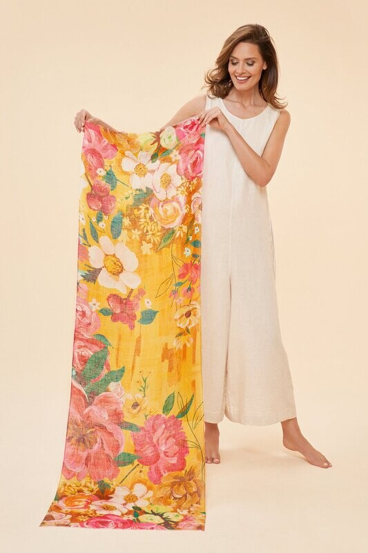 Linen Scarf Impressionist Floral Mustard