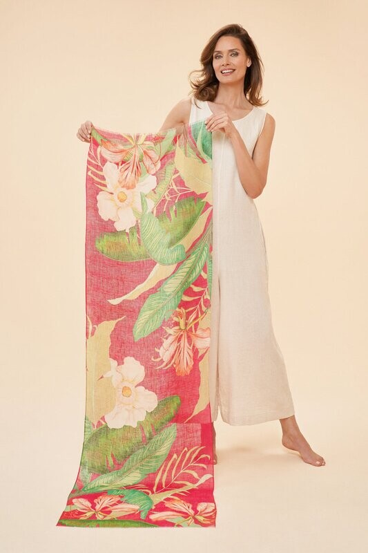 Linen Scarf Delicate Tropical Dark Rose