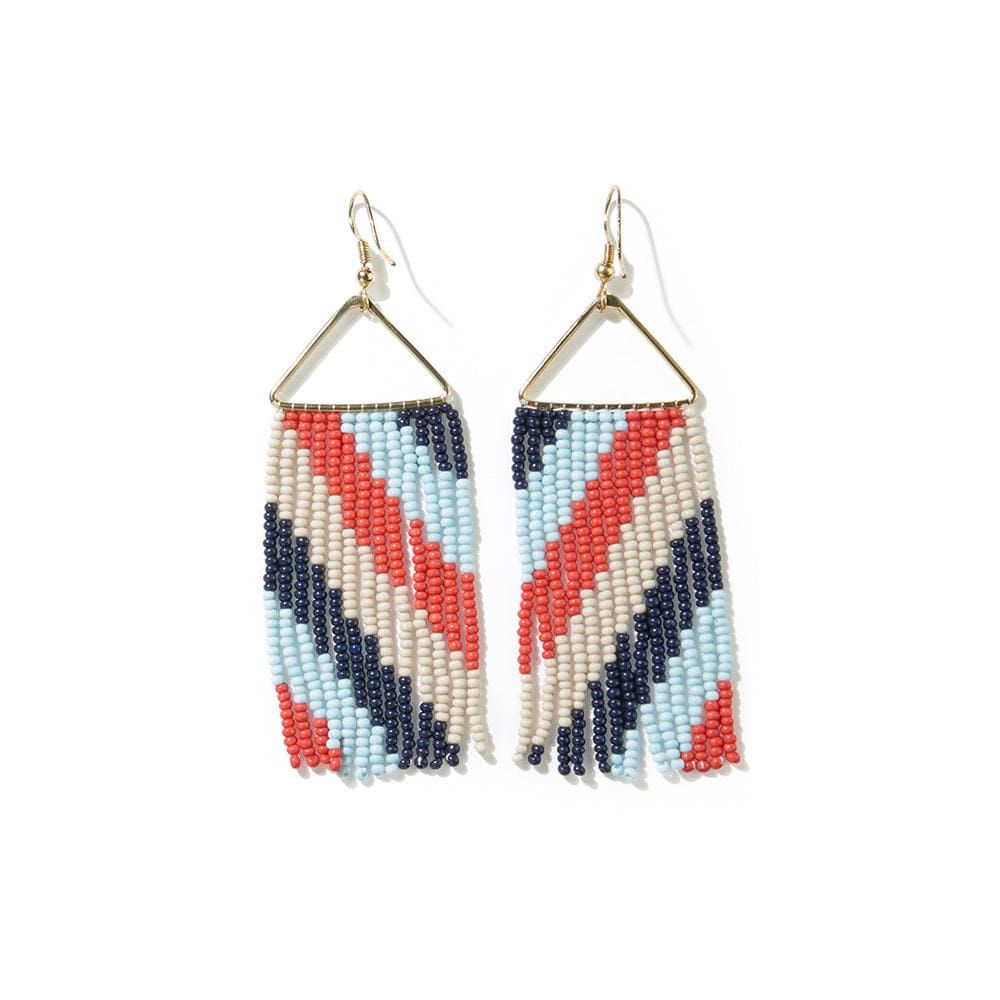 Whitney Diagonal Stripe Beaded Fringe Earrings Blue and Red