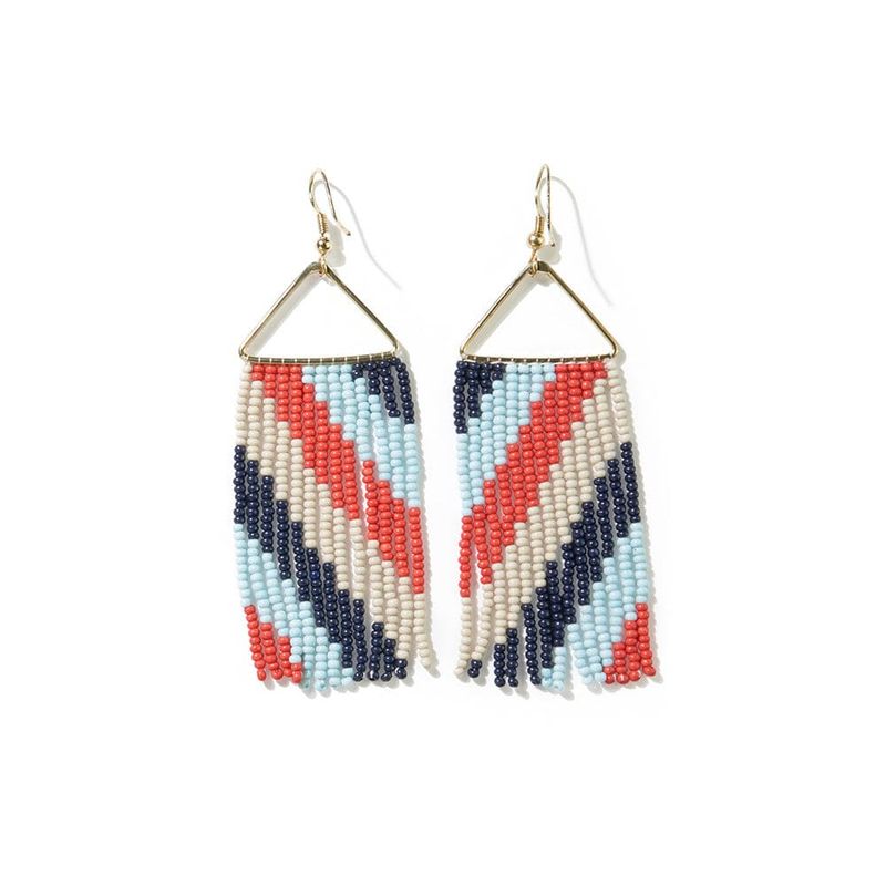 Whitney Diagonal Stripe Beaded Fringe Earrings Blue and Red