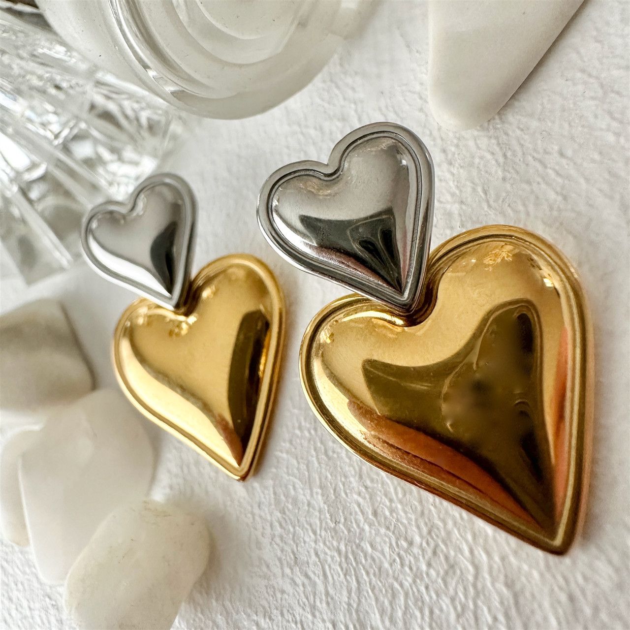 &quot;Kalila&quot; Double Heart Drop Earrings Silver/Gold