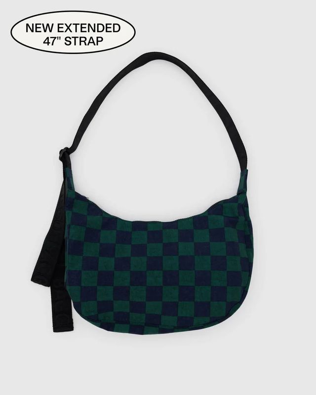 Medium Nylon Crescent Bag Navy Green Check