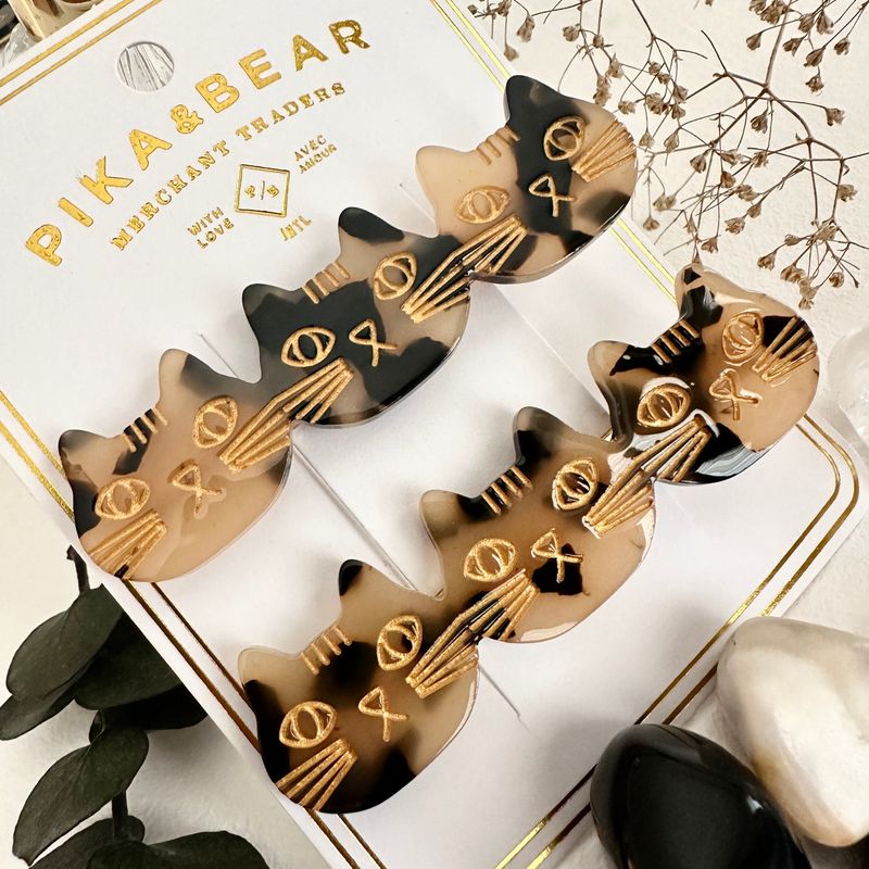 &quot;Triple Trouble&quot; Cat Face Hair Clips Calico