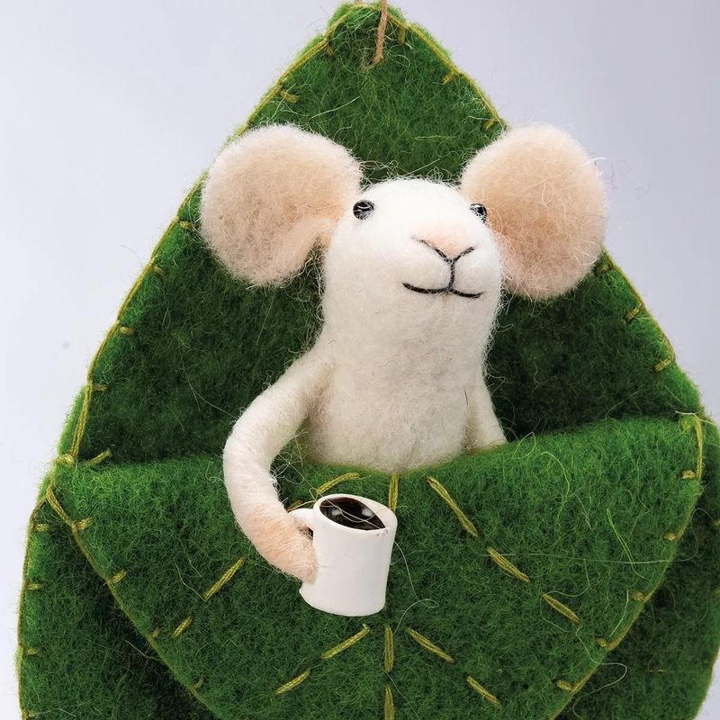Felt Ornament Mouse in Leaf Sleeping Bag with Cup Of Java
