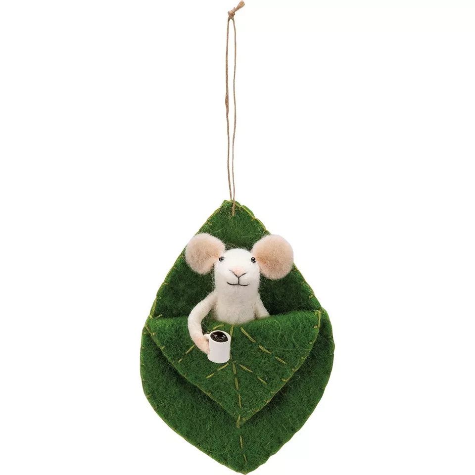Felt Ornament Mouse in Leaf Sleeping Bag with Cup Of Java