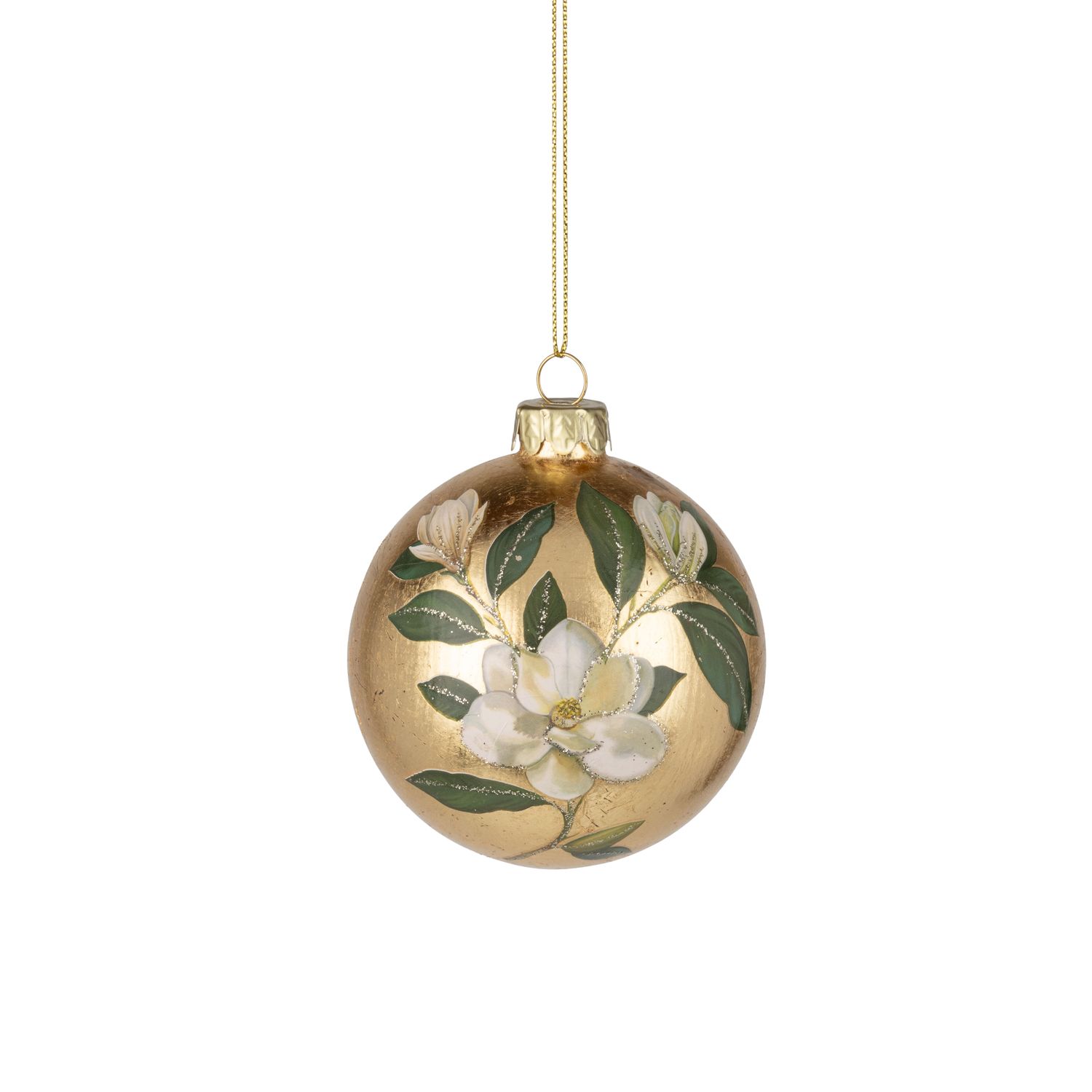 Glass Ornament Gold Foil Ball With Magnolia Print Large