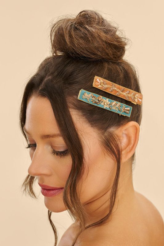 Jewelled Hair Bar Clips Set of 2 Floral Vines, Turquoise &amp; Mustard