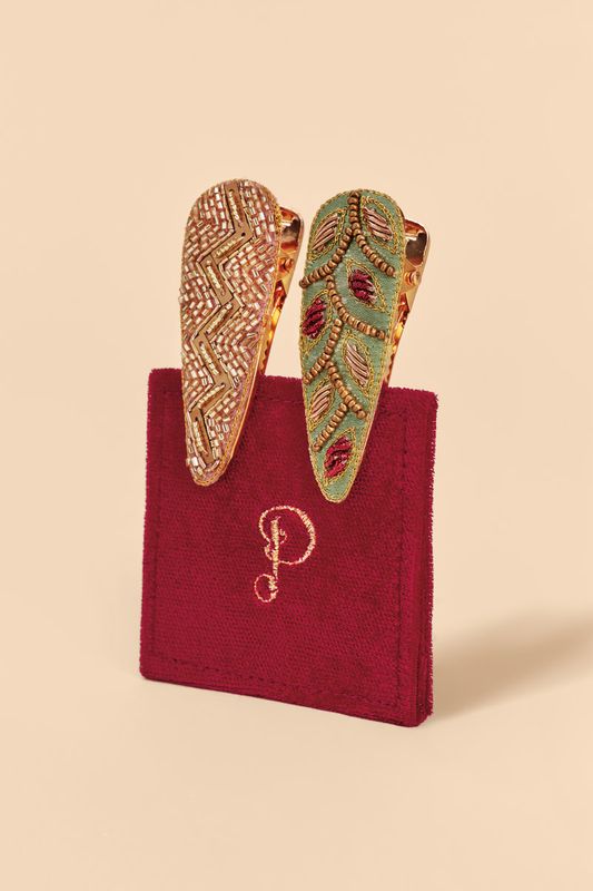 Jewelled Hair Clips (Set of 2) Zig Zag and 60s Abstract, Cream &amp; Sage