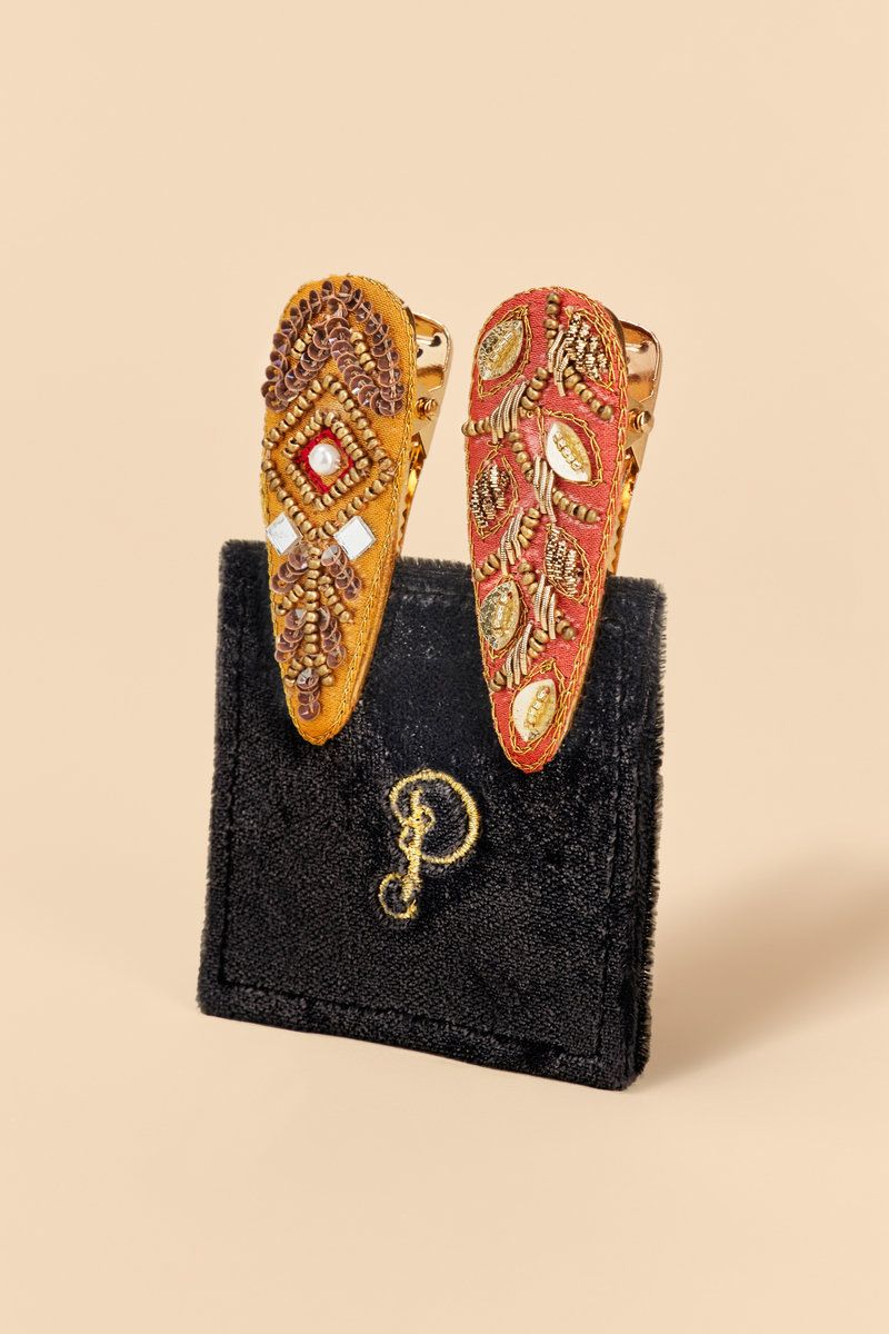 Jewelled Hair Clips (Set of 2) Diamond and 60s Abstract, Mustard &amp; Coral