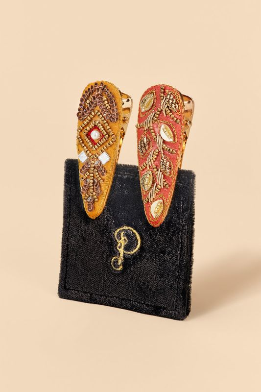 Jewelled Hair Clips (Set of 2) Diamond and 60s Abstract, Mustard &amp; Coral