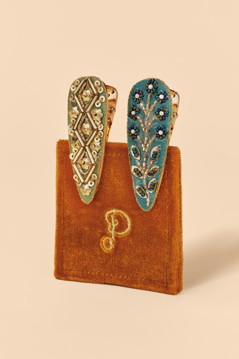 Jewelled Hair Clips (Set of 2) Tile and Wheat, Sage &amp; Teal