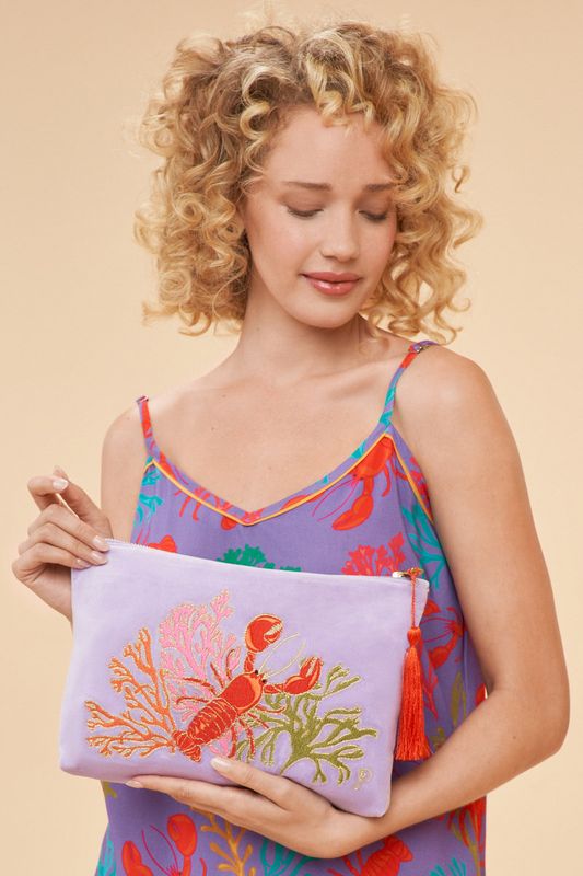Velvet Embroidered Zip Pouch Lobster Buddies Lavender