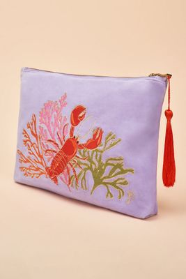 Velvet Embroidered Zip Pouch Lobster Buddies Lavender
