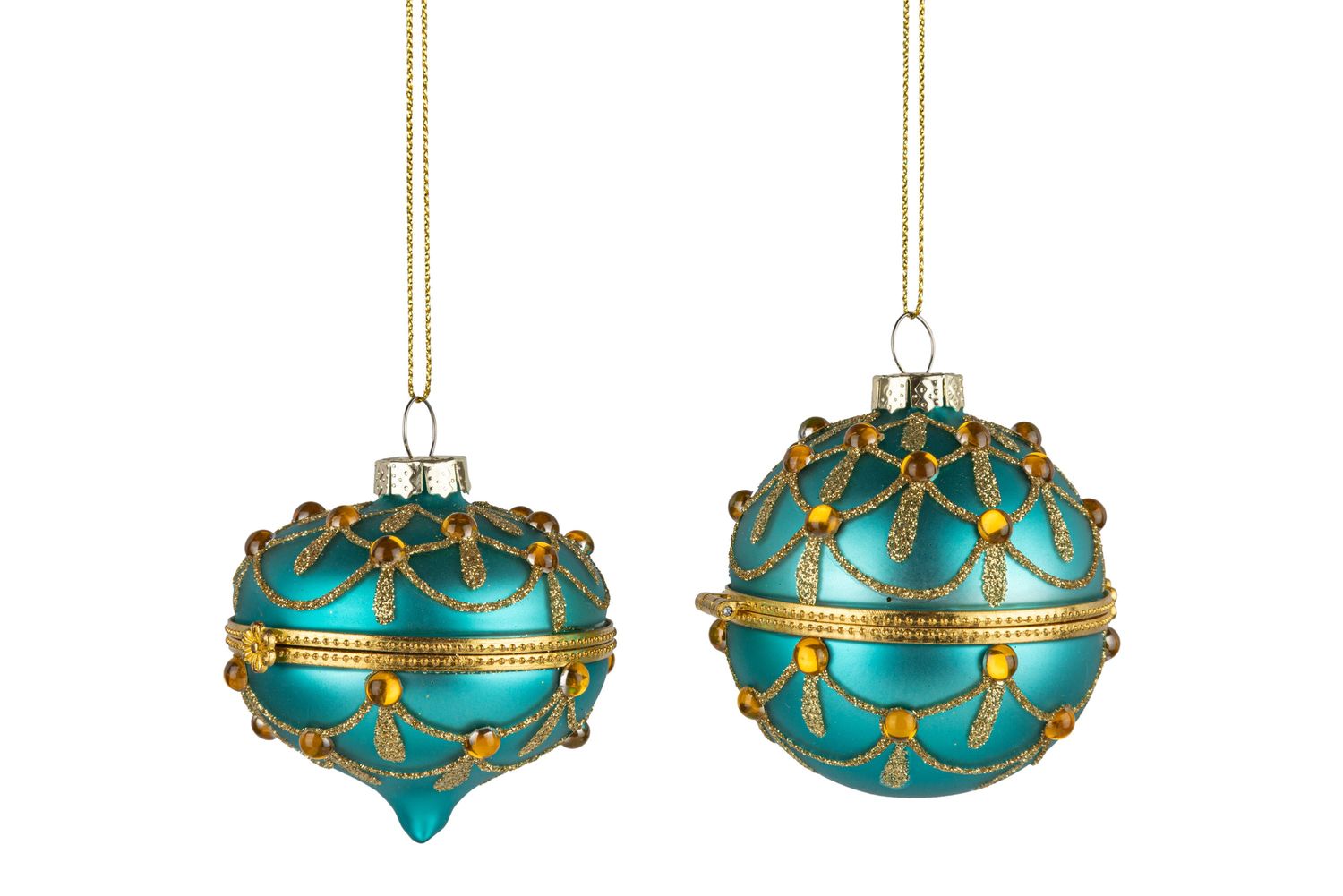Glass Keepsake Ornament Assorted Shapes Teal Green with Gold Swirls and Amber Diamentes