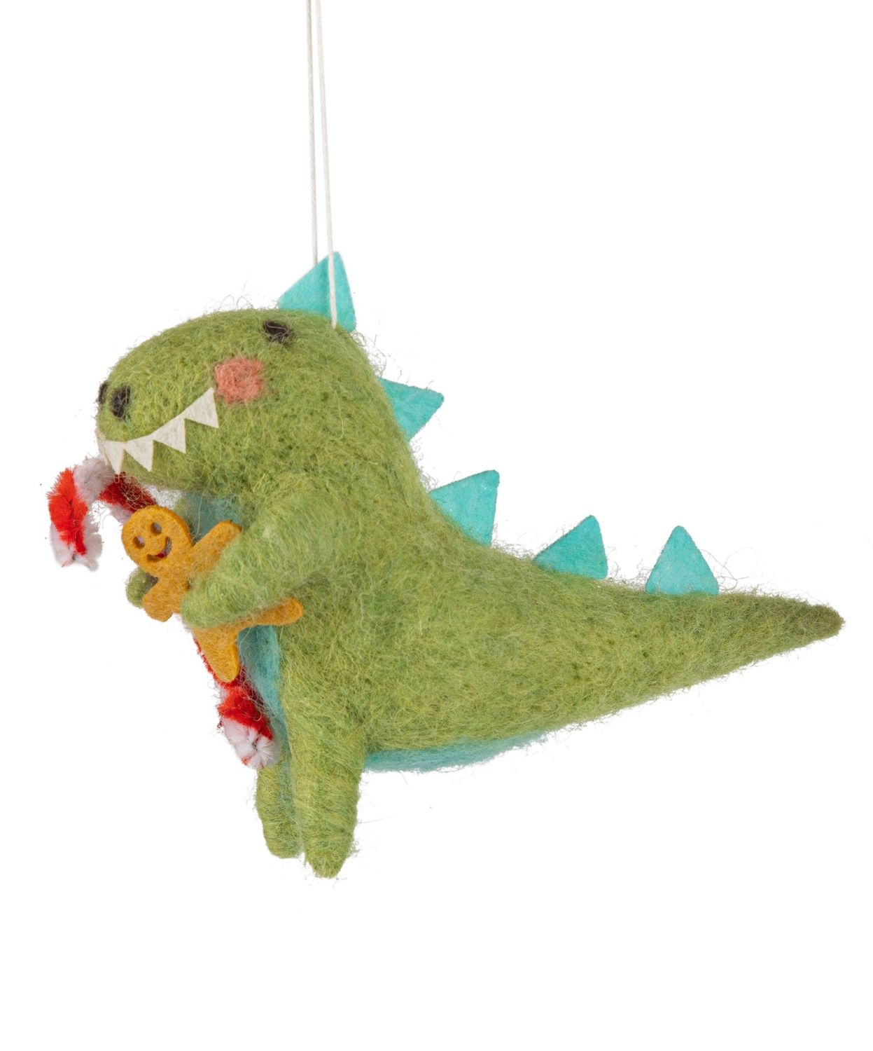 Felt Ornament Green Dinosaur with Candy Cane and Gingerbread Cookie