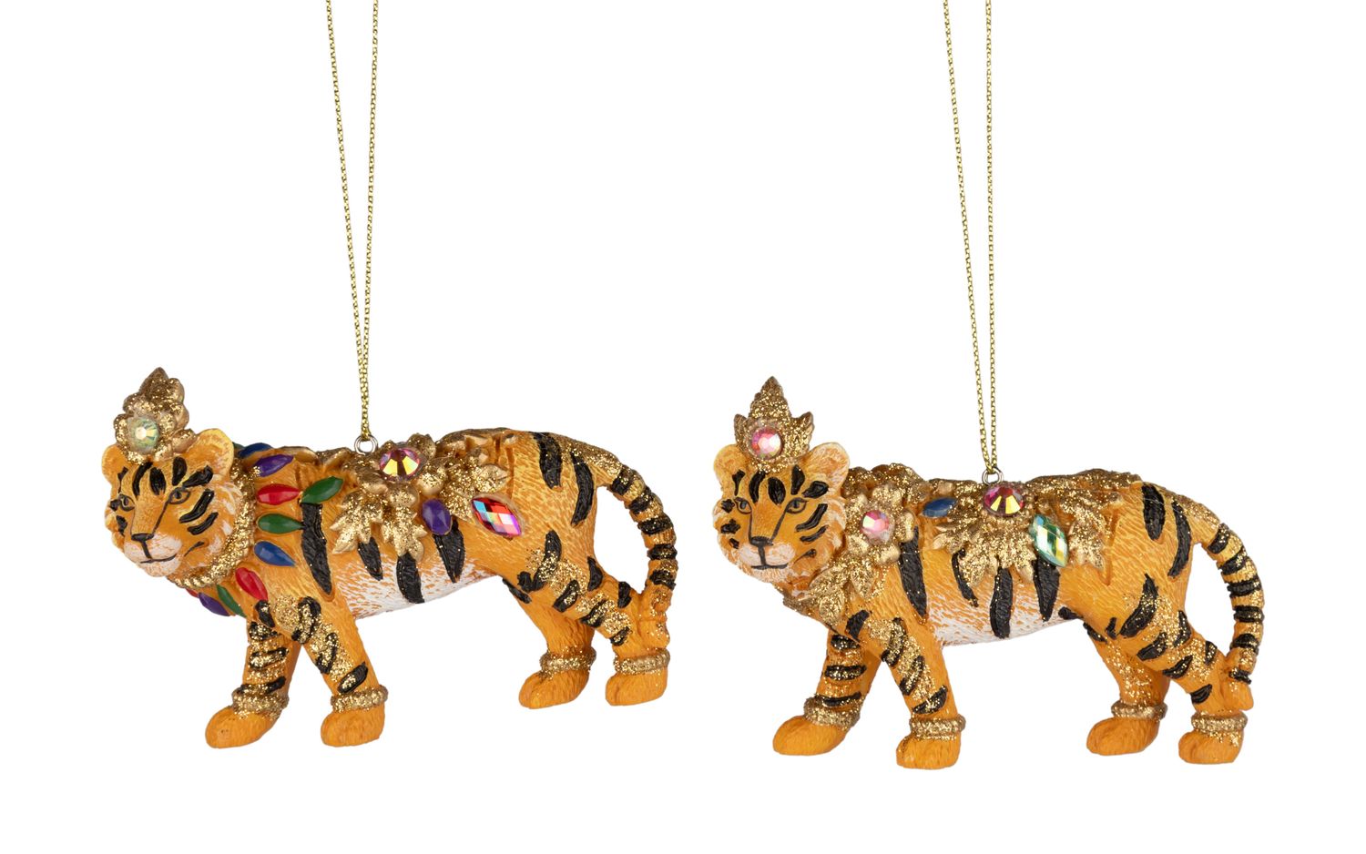 Resin Ornament Assorted Gold Tiger with Crown and Colourful Stones