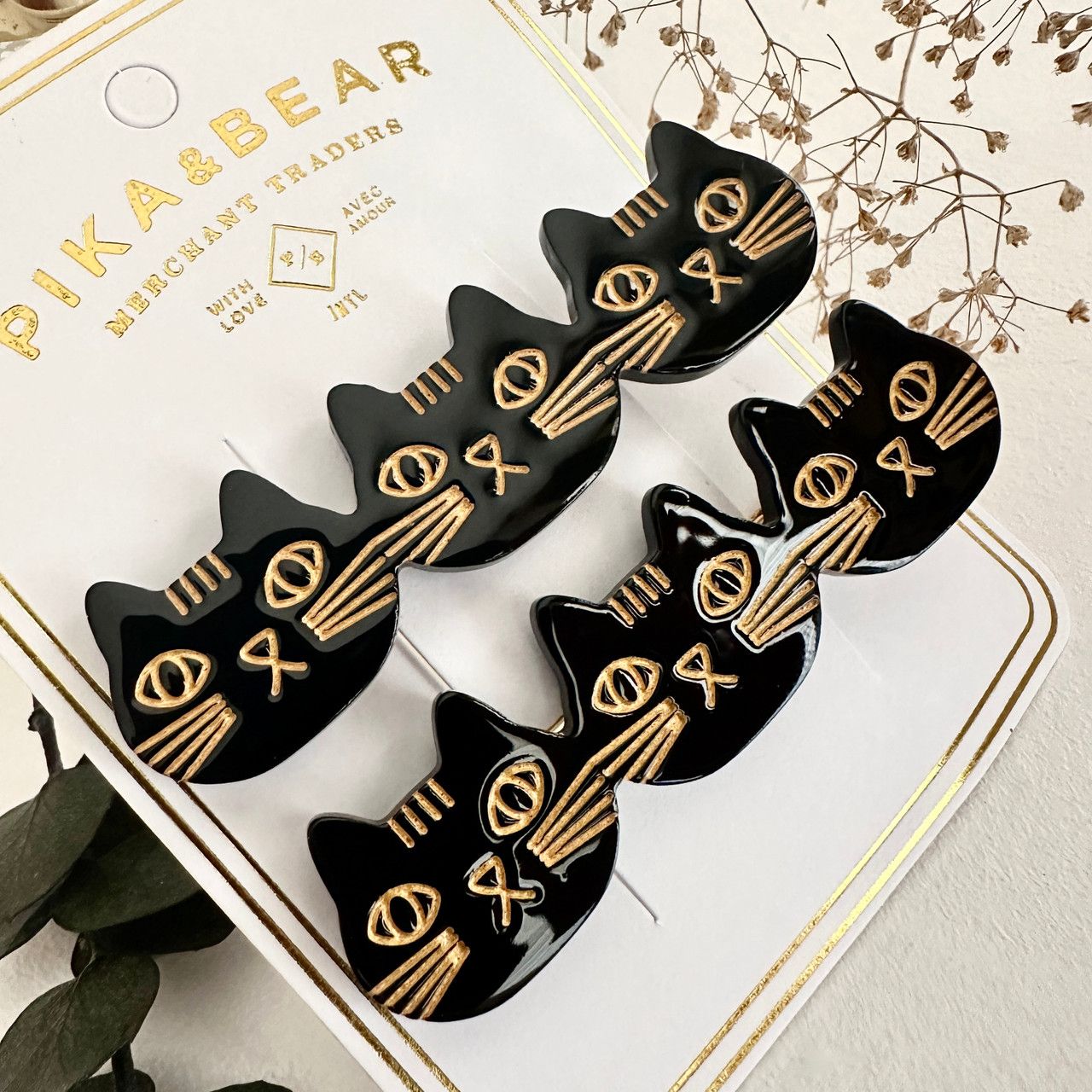 &quot;Triple Trouble&quot; Cat Face Hair Clips Black