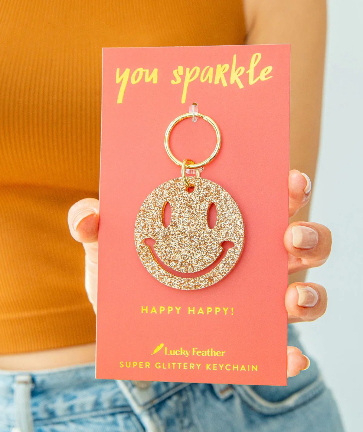 Gold Glitter Acrylic Keychain Smiley Face