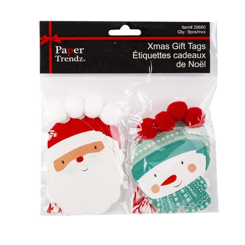 Gift Tags Xmas w/ Pom Poms 8pk