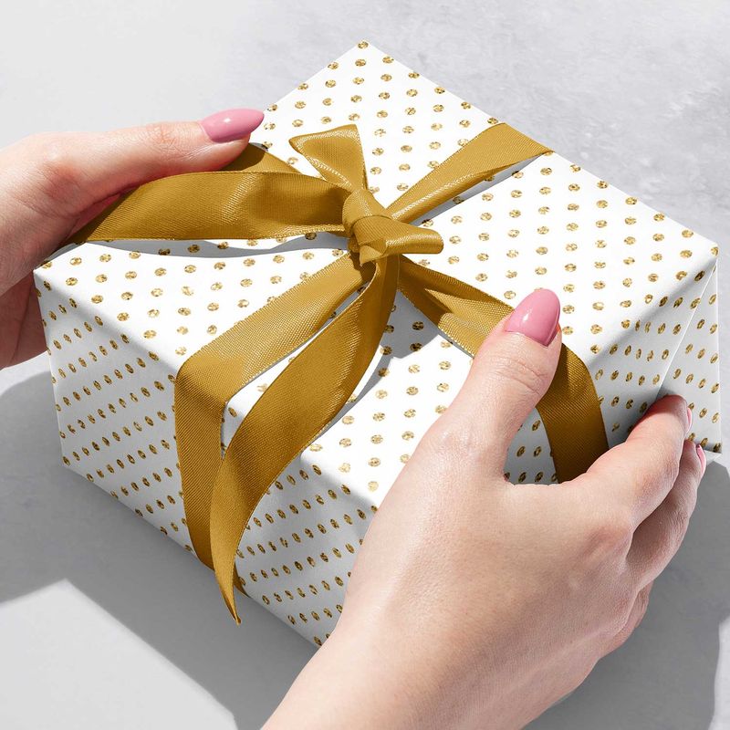 Gift Wrap Roll Holographic Gold Dots on White