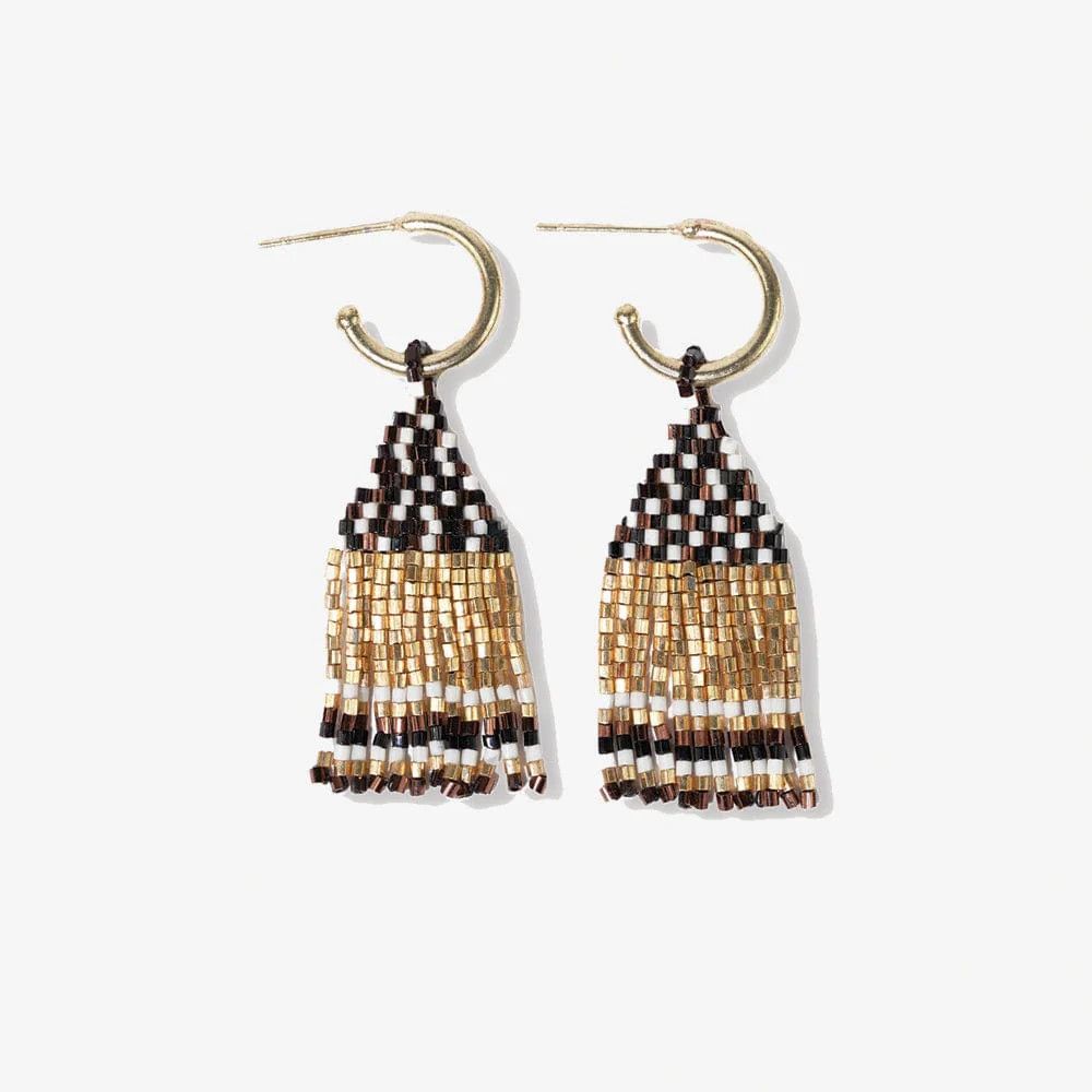 Leta Mini Gold Hoop Confetti Top And Stripe Short Fringe Earrings Black &amp; White