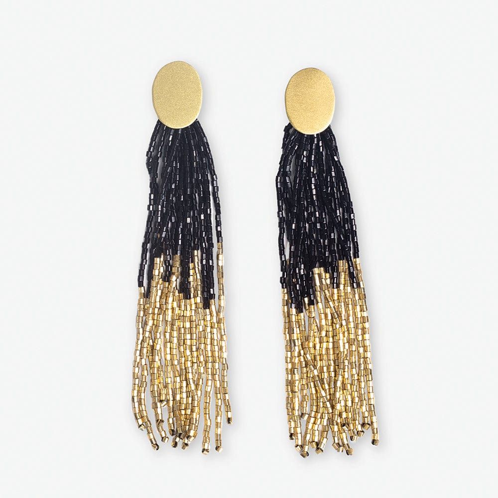 Mae Oval Brass Post 2-Colour Beaded Tassel Earrings Black