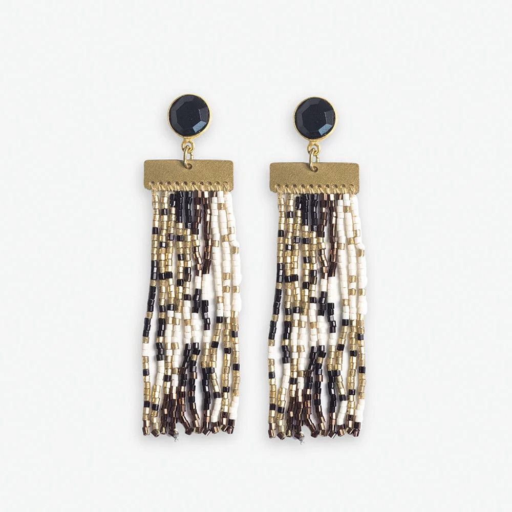 Lilah Semi-Precious Stone Post With Organic Shapes Beaded Fringe Earrings Black