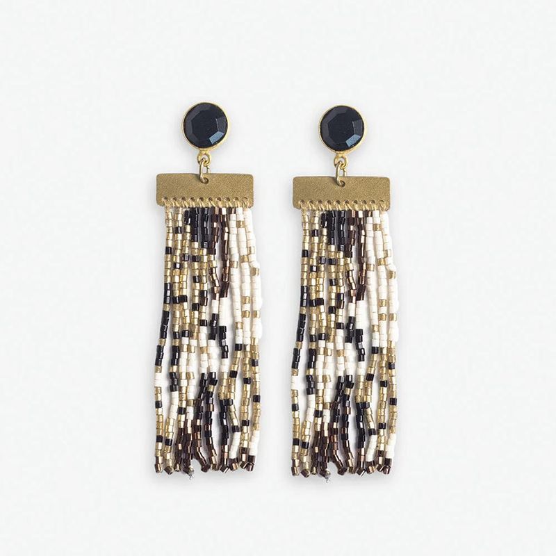 Lilah Semi-Precious Stone Post With Organic Shapes Beaded Fringe Earrings Black
