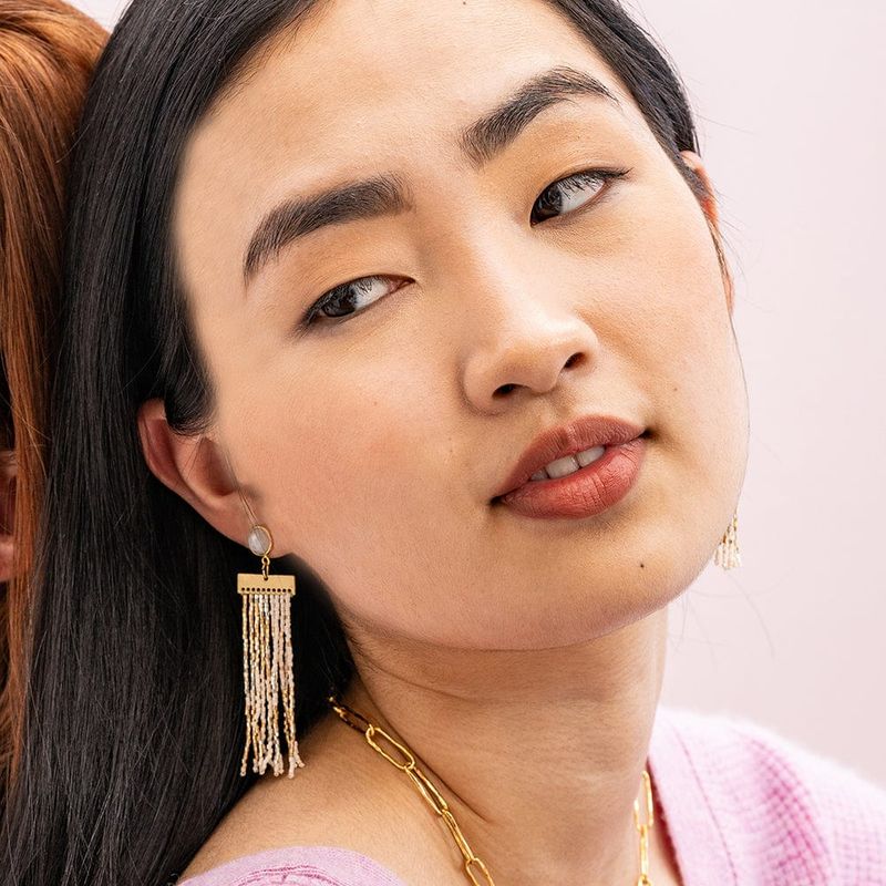 Lilah Semi-Precious Stone Post With Organic Shapes Beaded Fringe Earrings Black