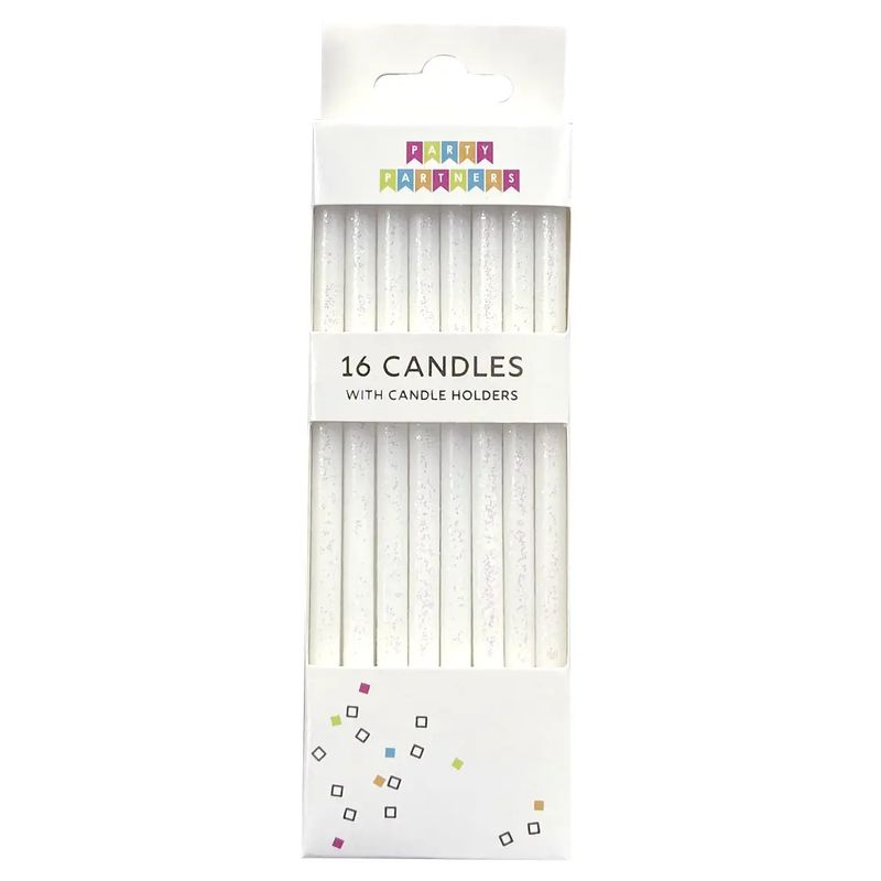 Tall White Glitter 16 Candle Set
