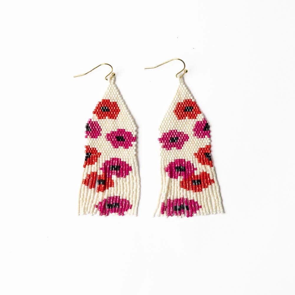 Delilah Poppies Beaded Fringe Earrings Red/Hot Pink